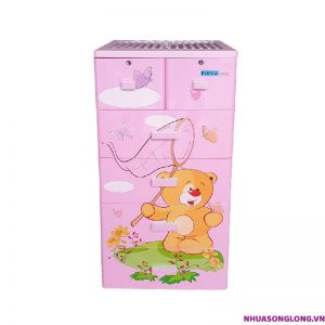 Tủ nhựa Pucca 5 tầng 6 ngăn kéo - màu hồng, Gấu bắt bướm